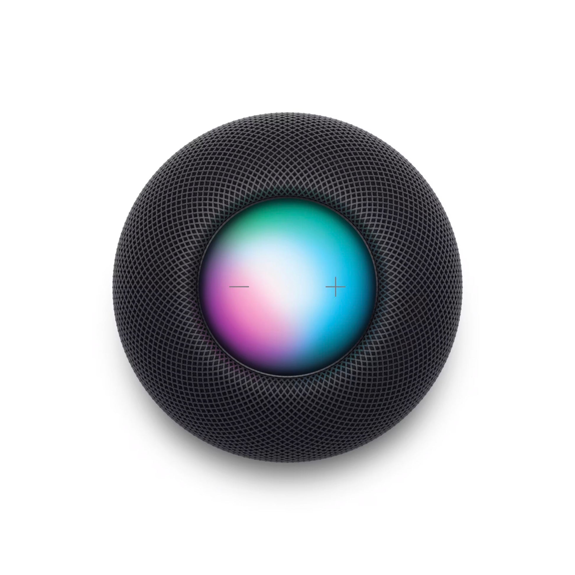 Apple HomePod mini Midnat sort smart-højtaler, mesh-yder, farvet touch-overflade med plus/minus-volumensymboler.
