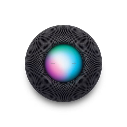 Apple HomePod mini Midnat sort smart-højtaler, mesh-yder, farvet touch-overflade med plus/minus-volumensymboler.