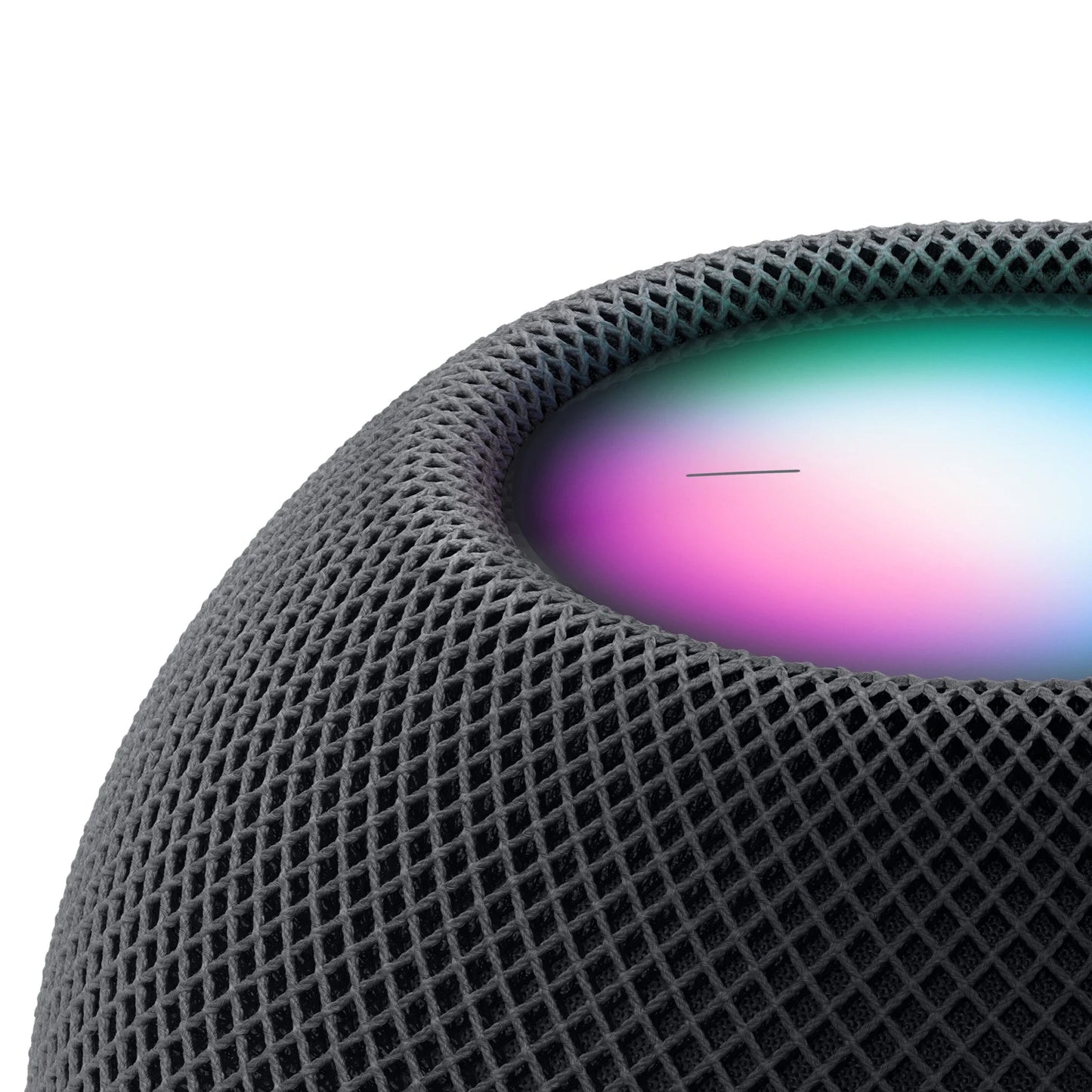 Apple HomePod mini Midnat smart-højttaler, sort mesh, touch-overflade med blå, lilla og pink glødende farver.