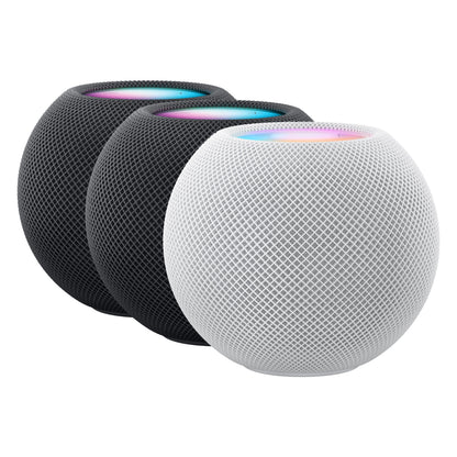 Apple HomePod mini højttalere sort og hvid mesh, farvede toplys, Siri stemmestyring.
