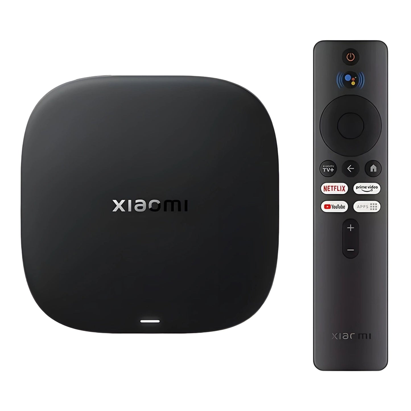 Xiaomi TV Box S 3. generation sort med fjernbetjening, knapper til Netflix, Prime Video, YouTube og Google Assistant, 4K opløsning.