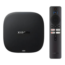 Xiaomi TV Box S 3. generation sort med fjernbetjening, knapper til Netflix, Prime Video, YouTube og Google Assistant, 4K opløsning.