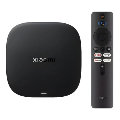 Xiaomi TV Box S 3. generation sort med fjernbetjening, knapper til Netflix, Prime Video, YouTube og Google Assistant, 4K opløsning.