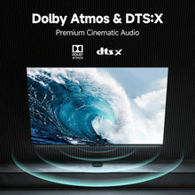 Xiaomi TV Box S 3. gen streamingboks med 4K opløsning, Dolby Atmos og DTS:X logoer vist over skærmen.