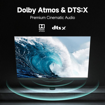 Xiaomi TV Box S 3. gen streamingboks med 4K opløsning, Dolby Atmos og DTS:X logoer vist over skærmen.