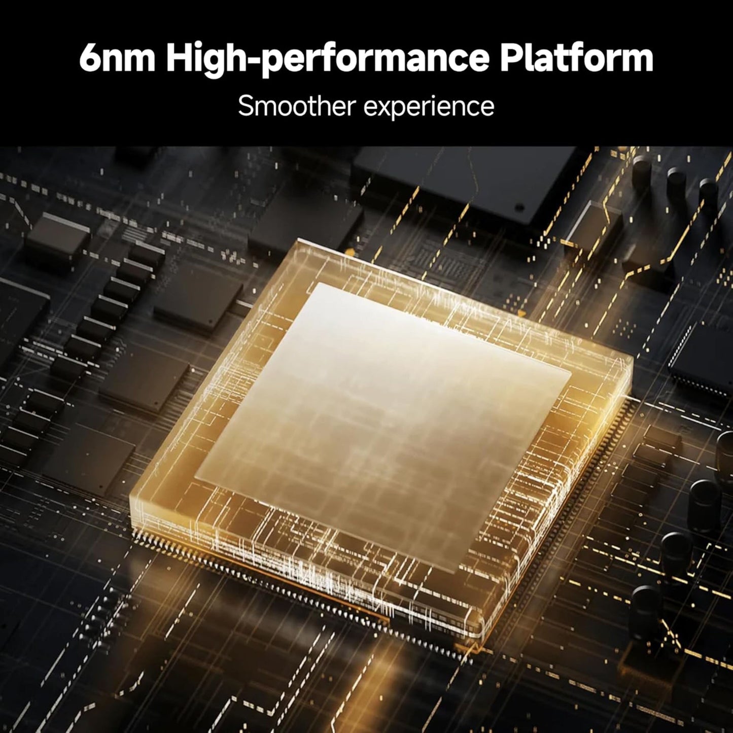 Xiaomi TV Box S 3. generation sort, nærbillede af guldfarvet mikrochip og tekst "6nm High-performance Platform 4K streamingboks.