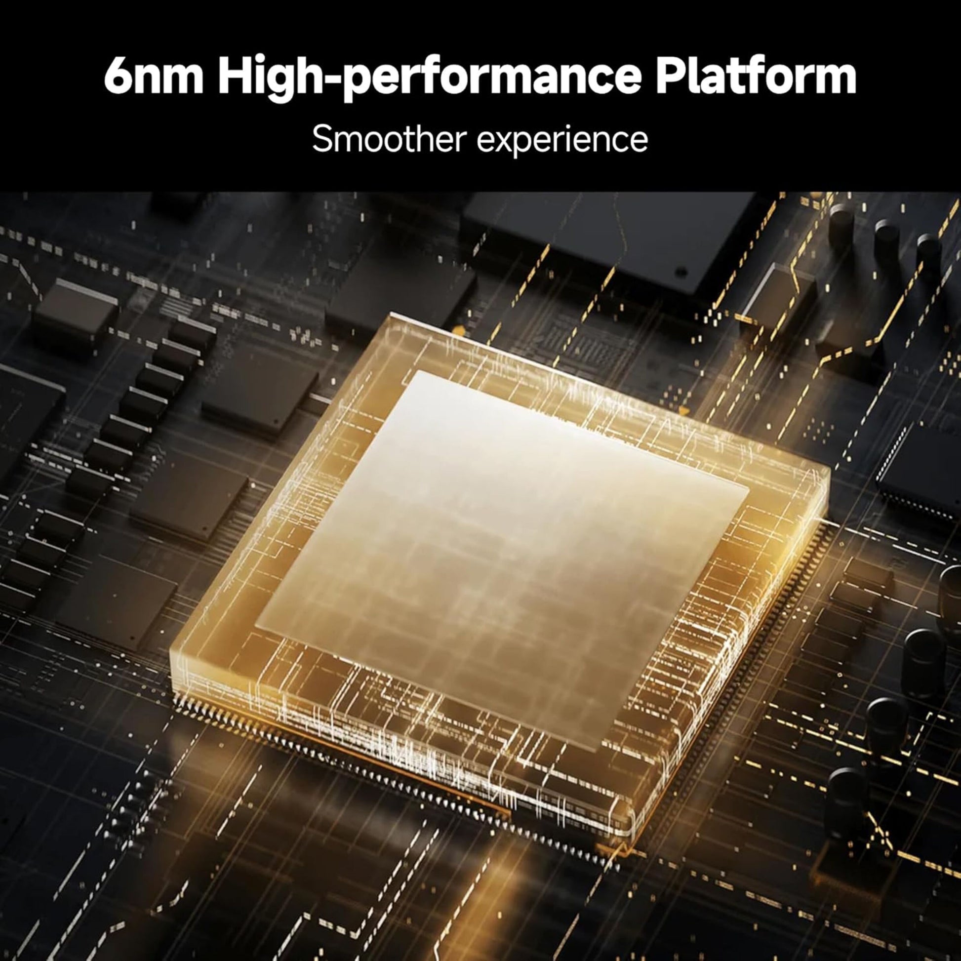 Xiaomi TV Box S 3. generation sort, nærbillede af guldfarvet mikrochip og tekst "6nm High-performance Platform 4K streamingboks.