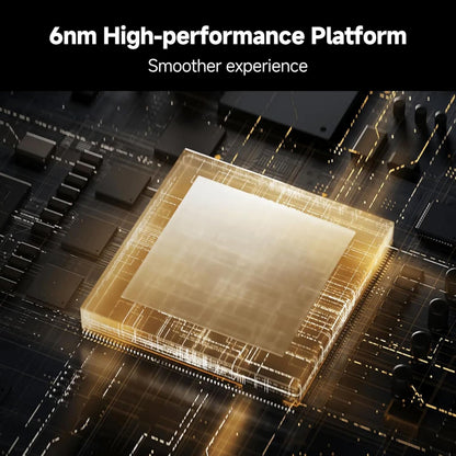 Xiaomi TV Box S 3. generation sort, nærbillede af guldfarvet mikrochip og tekst "6nm High-performance Platform 4K streamingboks.