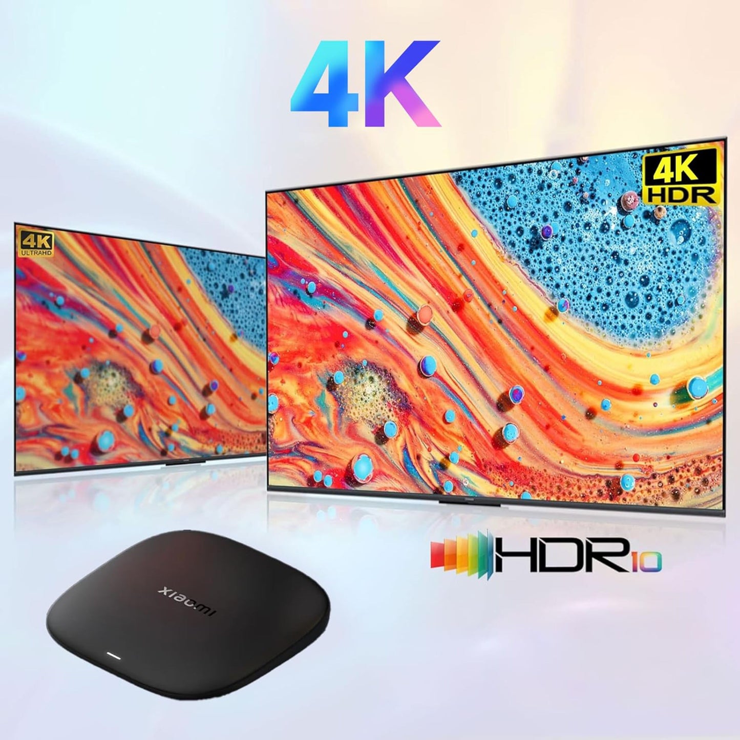 Xiaomi TV Box S 3. gen sort foran til 4K HDR-skærme, med tekst der viser 4K opløsning og HDR10.