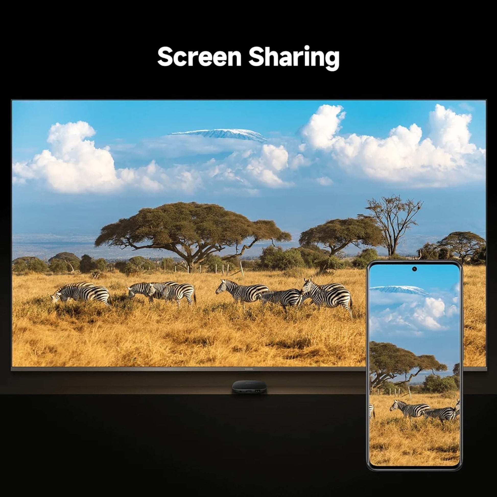 Xiaomi TV Box S 3. generation viser skærmdeling mellem TV og smartphone, tekst "Screen Sharing" synlig over TV.