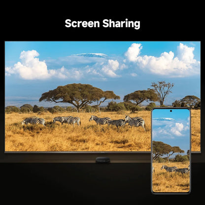 Xiaomi TV Box S 3. generation viser skærmdeling mellem TV og smartphone, tekst "Screen Sharing" synlig over TV.
