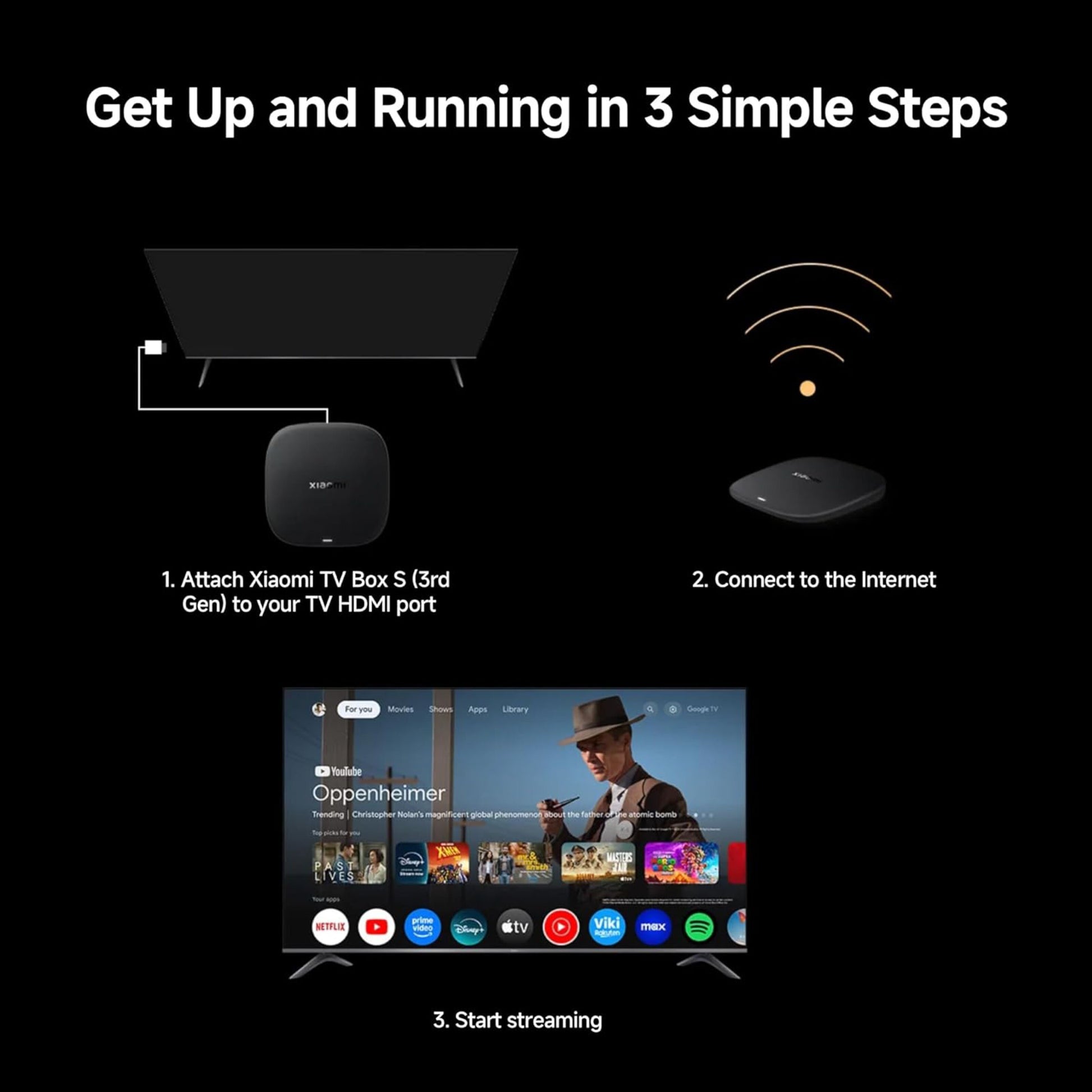 Xiaomi TV Box S 3. generation tilsluttes med HDMI, internetforbindelse, 4K-streaming via apps vises på tv-skærm.