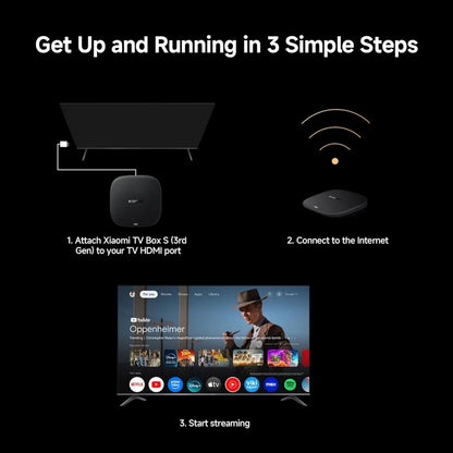Xiaomi TV Box S 3. generation tilsluttes med HDMI, internetforbindelse, 4K-streaming via apps vises på tv-skærm.