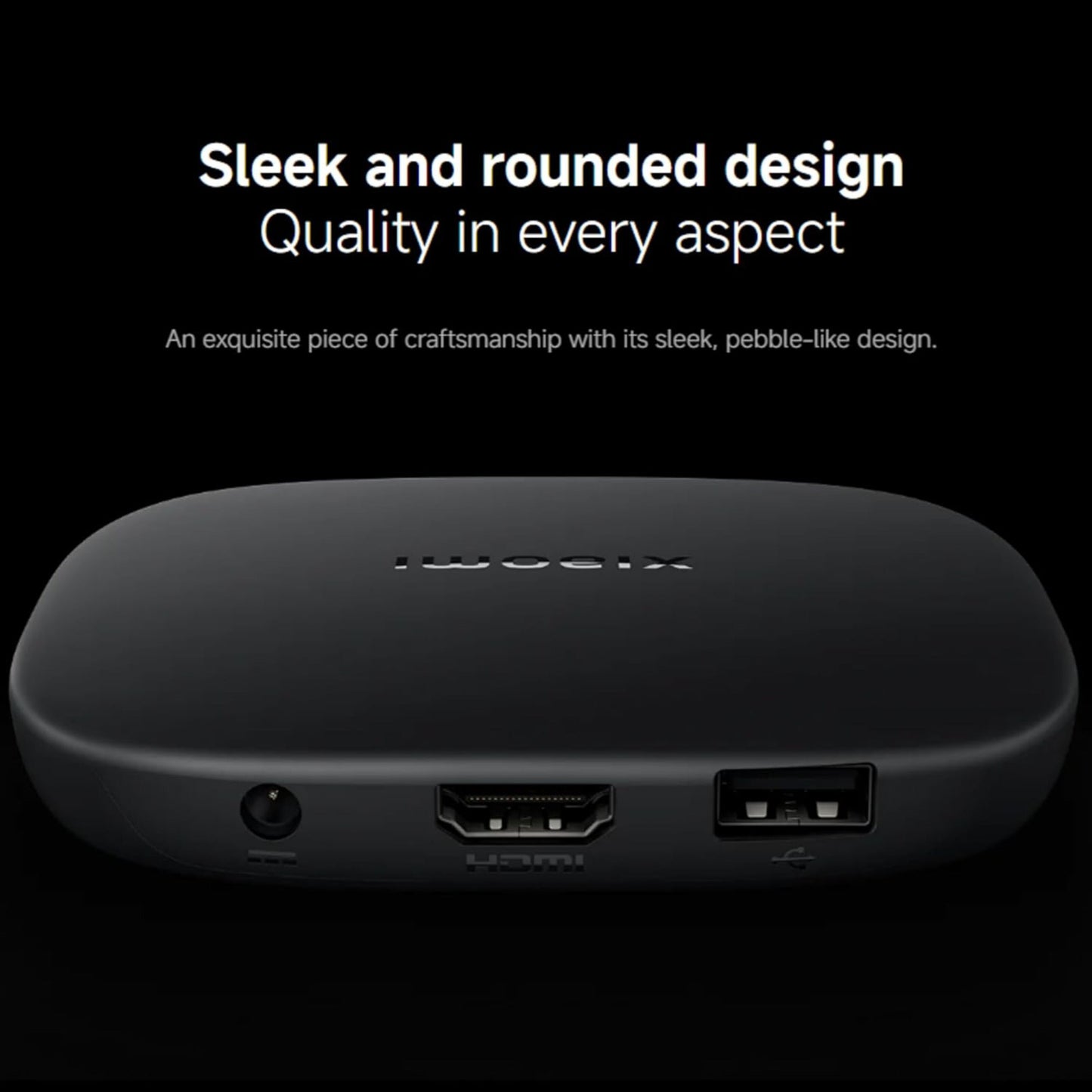 Xiaomi TV Box S 3. generation sort, afrundet design med lyd-, HDMI- og USB-porte til 4K-streaming.