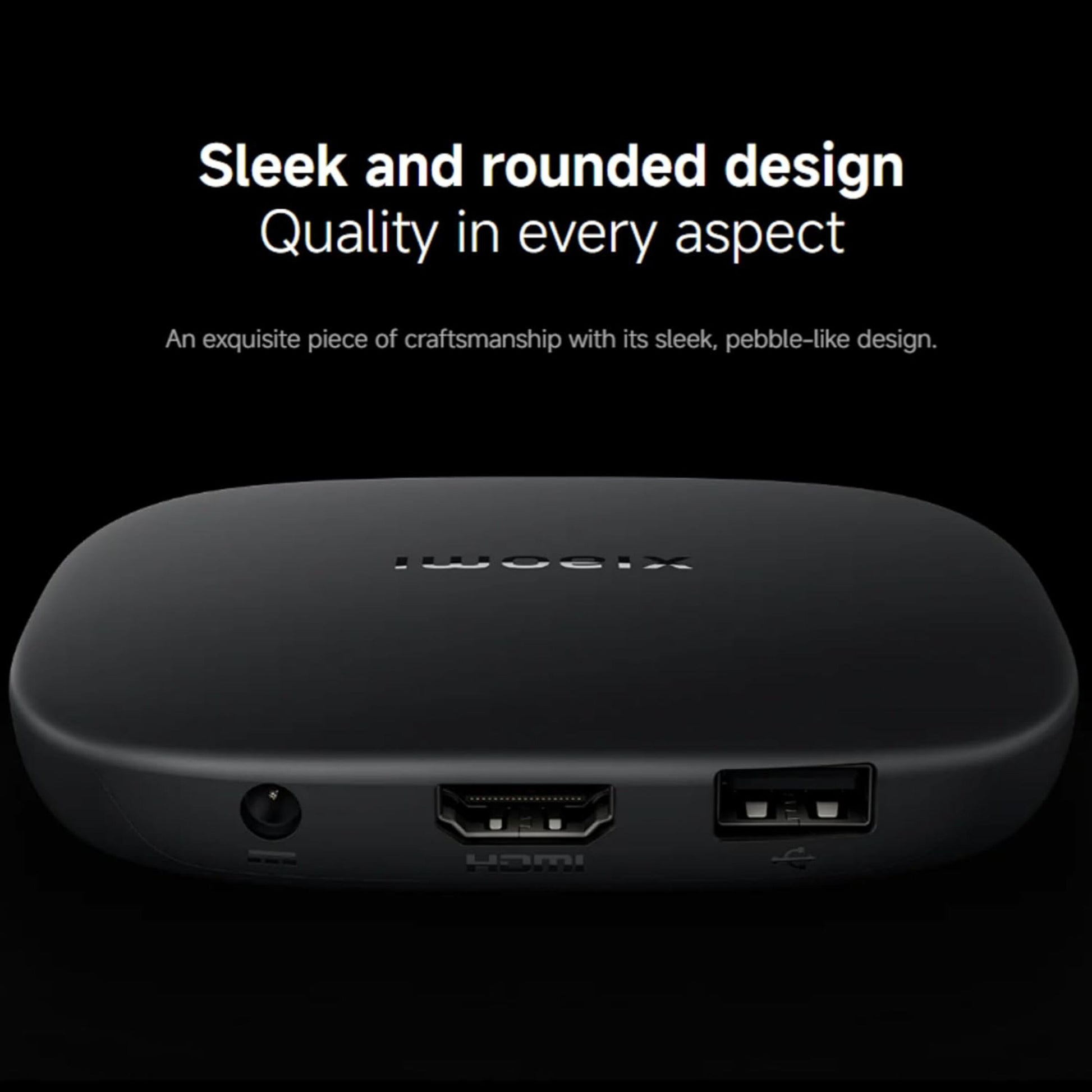 Xiaomi TV Box S 3. generation sort, afrundet design med lyd-, HDMI- og USB-porte til 4K-streaming.