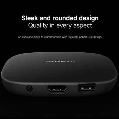 Xiaomi TV Box S 3. generation sort, afrundet design med lyd-, HDMI- og USB-porte til 4K-streaming.
