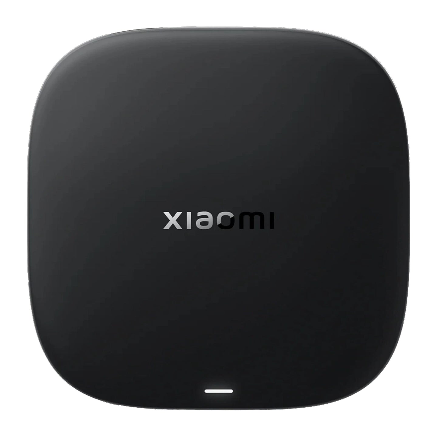 Xiaomi TV Box S 3. generation sort, firkantet med afrundede kanter og sølv Xiaomi-logo på toppen, set oppefra, 4K understøttelse.