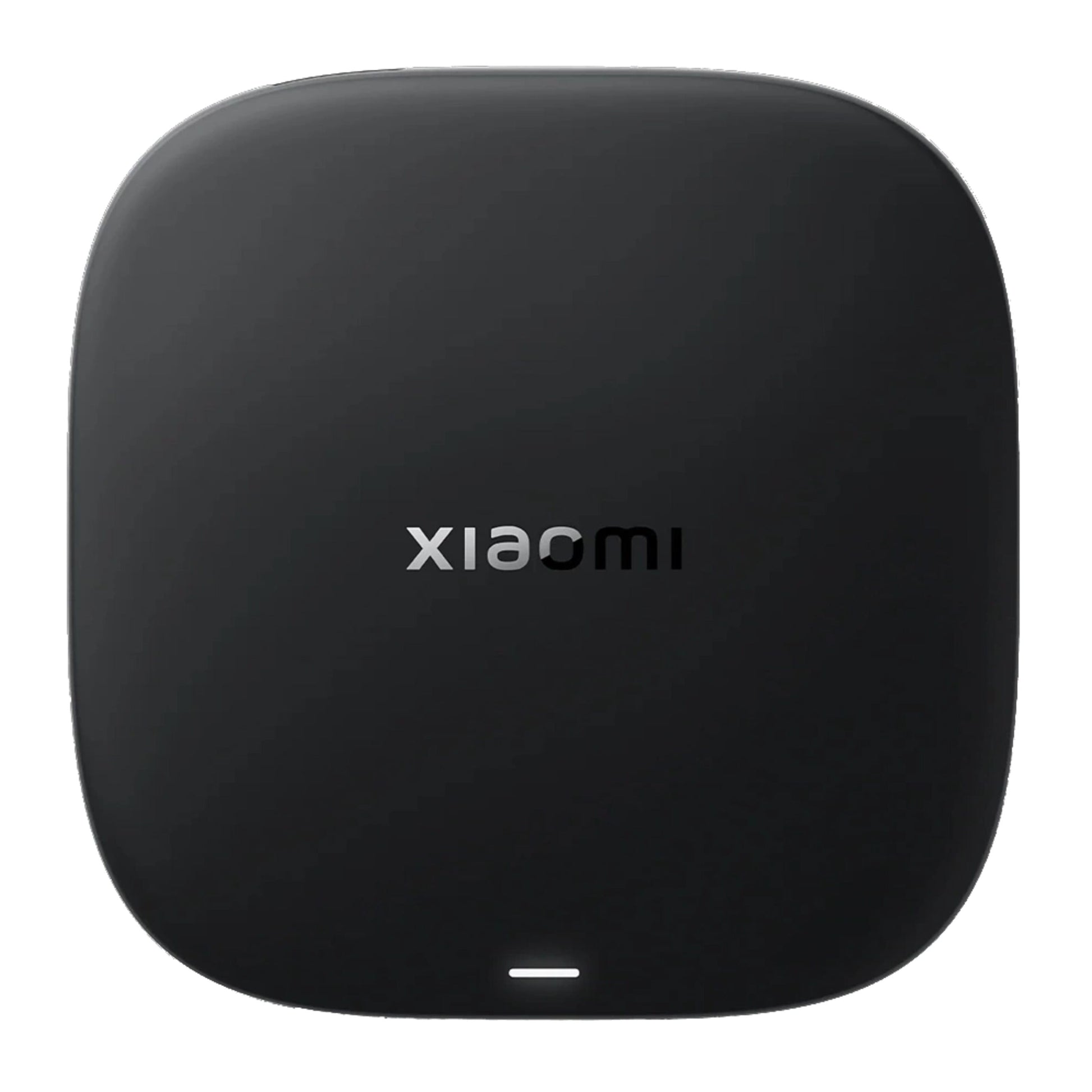 Xiaomi TV Box S 3. generation sort, firkantet med afrundede kanter og sølv Xiaomi-logo på toppen, set oppefra, 4K understøttelse.