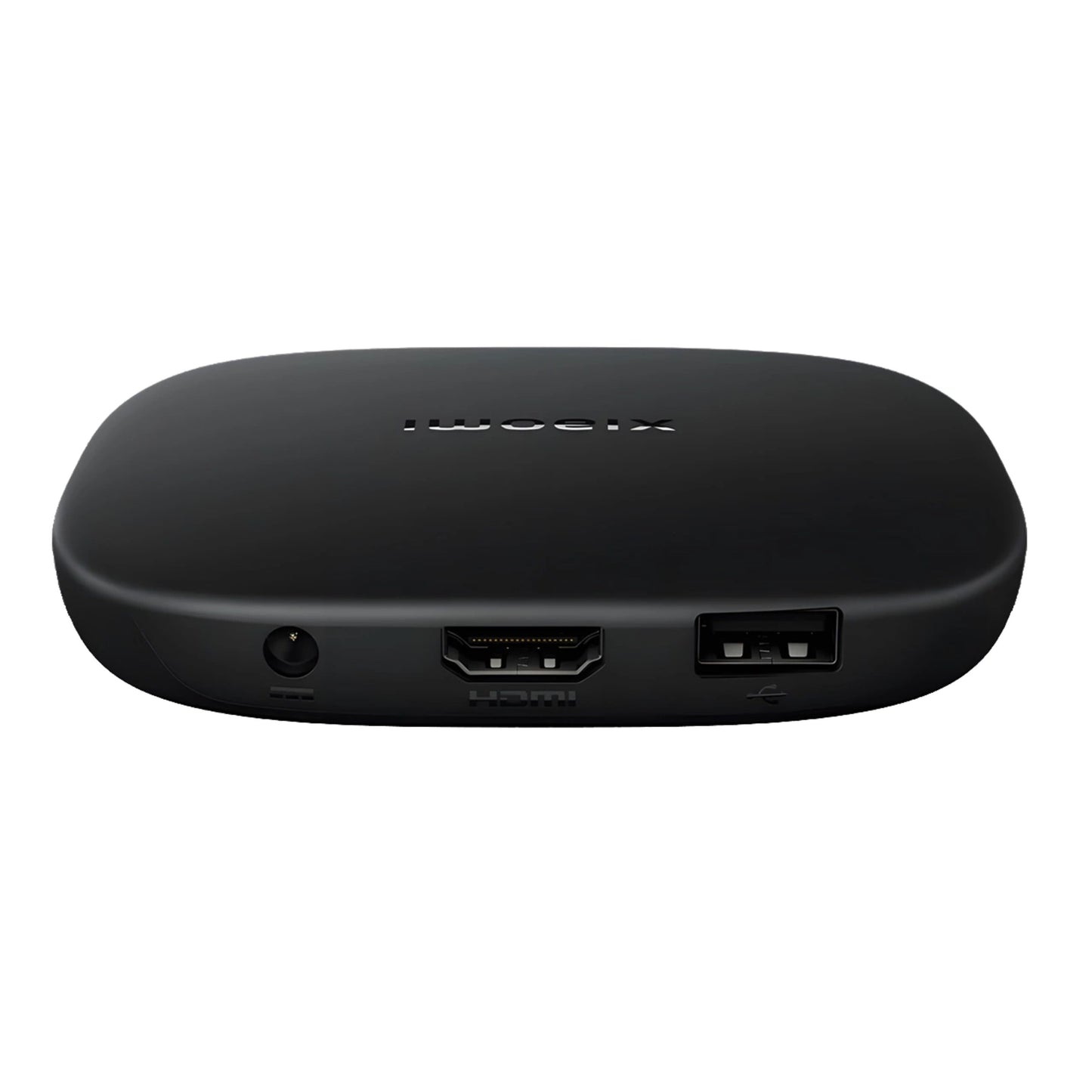 Xiaomi TV Box S 3. generation, sort, buede kanter, bagtil strøm-, HDMI- og USB-porte, top med Xiaomi-logo, 4K streamingboks.
