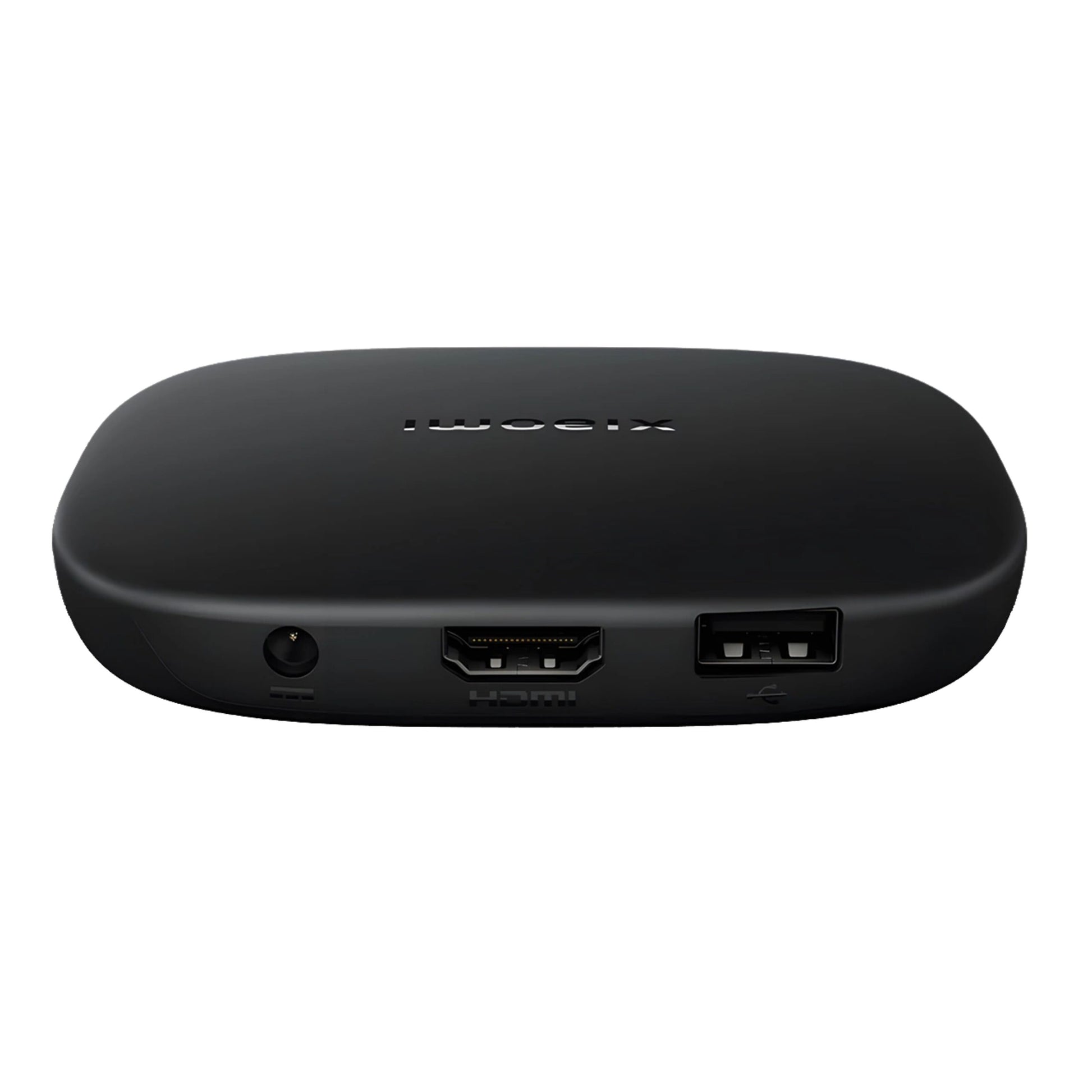 Xiaomi TV Box S 3. generation, sort, buede kanter, bagtil strøm-, HDMI- og USB-porte, top med Xiaomi-logo, 4K streamingboks.