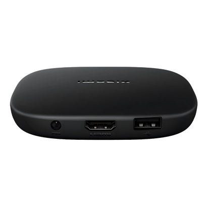 Xiaomi TV Box S 3. generation, sort, buede kanter, bagtil strøm-, HDMI- og USB-porte, top med Xiaomi-logo, 4K streamingboks.