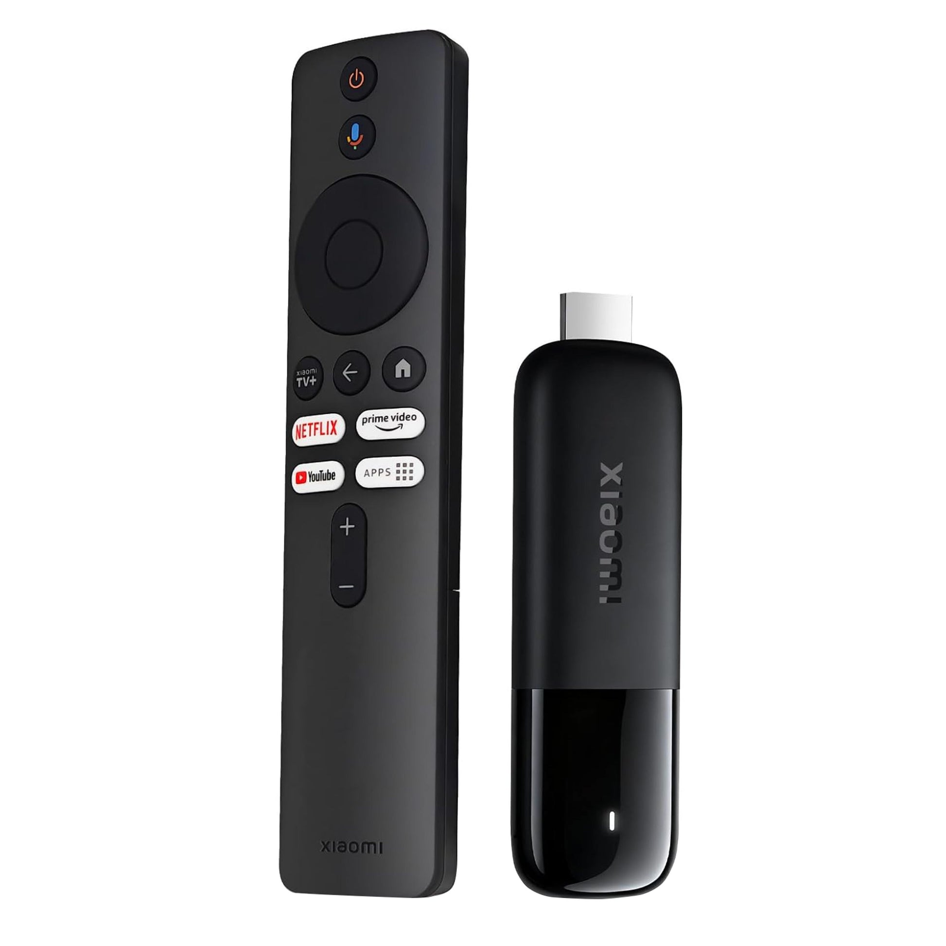 Xiaomi TV Stick 4K 2. gen sort med Google TV, Dolby Vision og sort fjernbetjening med streamingknapper.