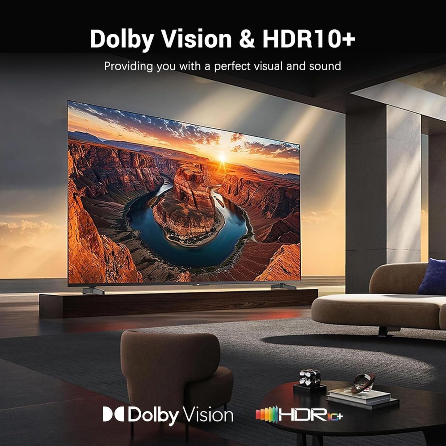 Xiaomi TV Stick 4K (2. gen.), sort, tilsluttet TV med Google TV interface, Dolby Vision og HDR10+ logo vises.