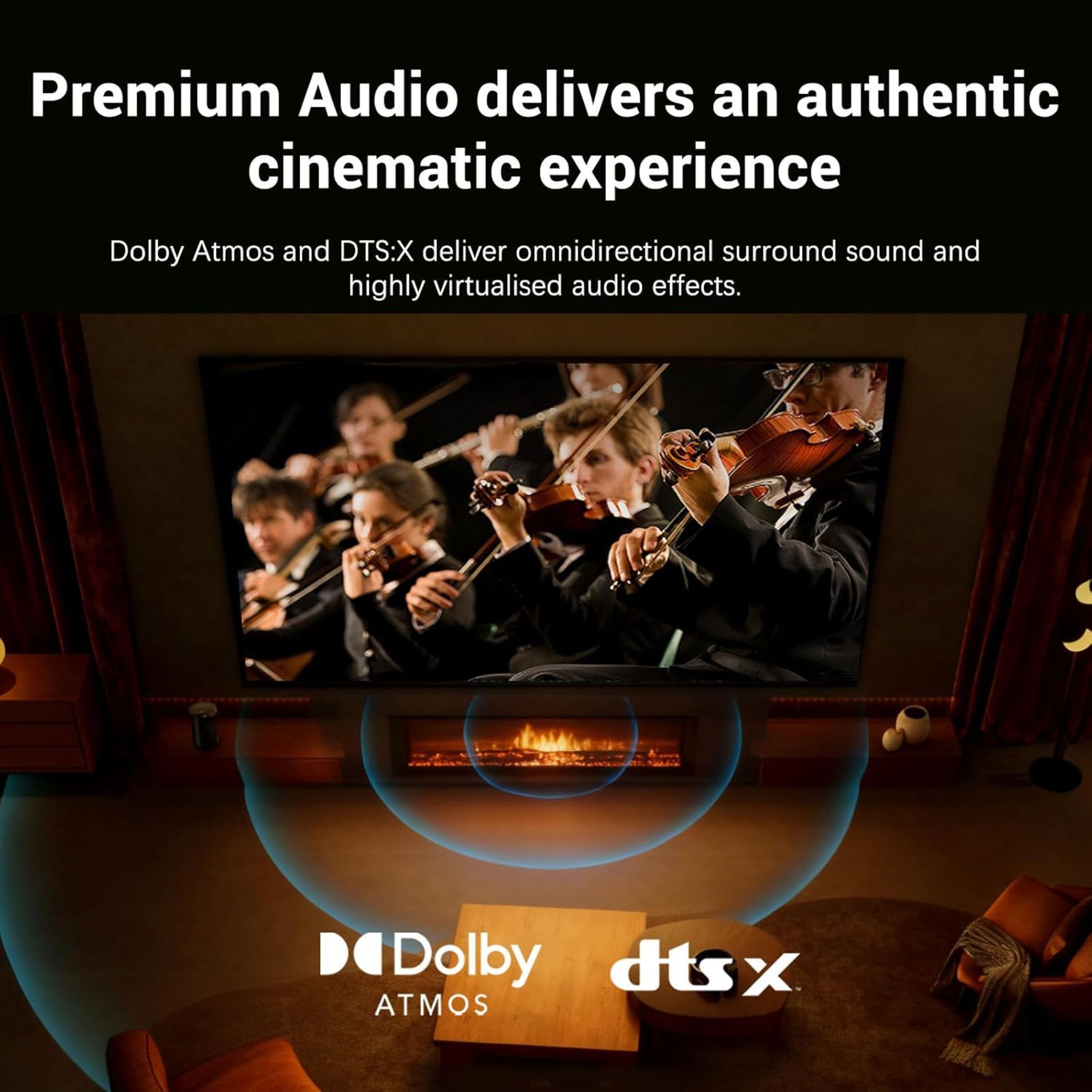 Xiaomi TV Stick 4K 2. gen vises med Dolby Atmos, DTS:X og Dolby Vision logo på TV i stue, blå lydbølger vises.