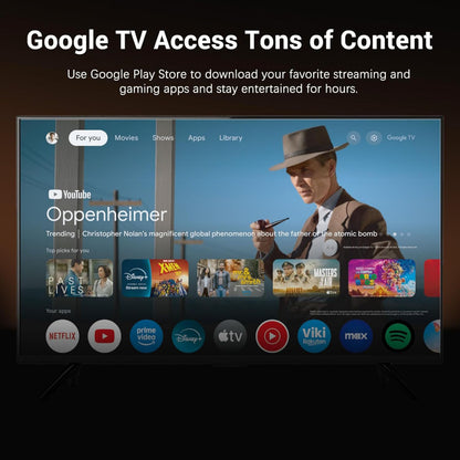 Xiaomi TV Stick 4K 2. gen. viser Google TV med Oppenheimer og apps som Netflix, Prime Video, Apple TV, Max.