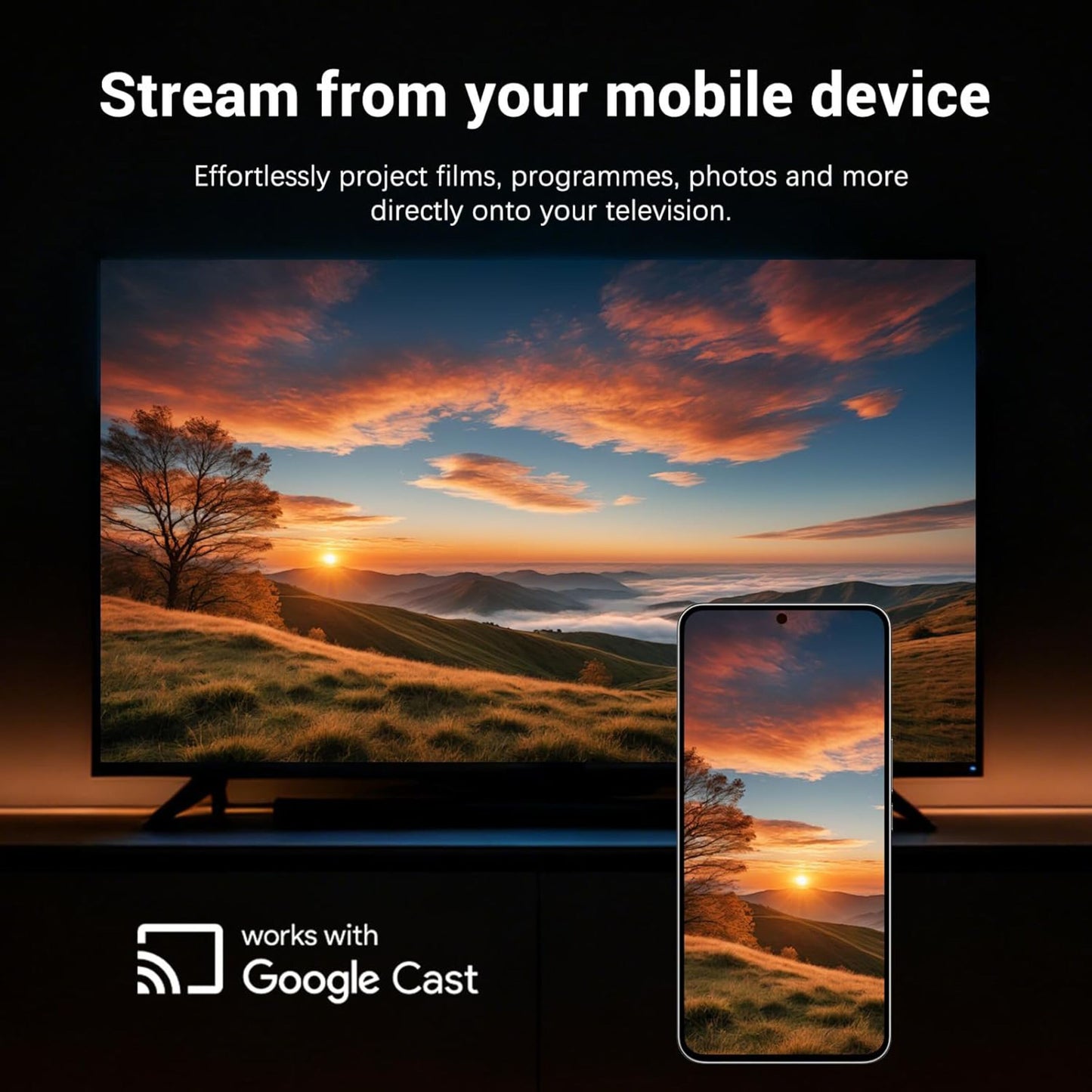 Xiaomi TV Stick 4K (2. gen.) med Google TV og Google Cast logo vises sammen med tv og smartphone.