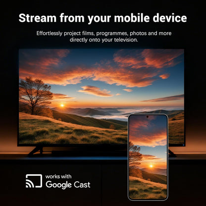 Xiaomi TV Stick 4K (2. gen.) med Google TV og Google Cast logo vises sammen med tv og smartphone.
