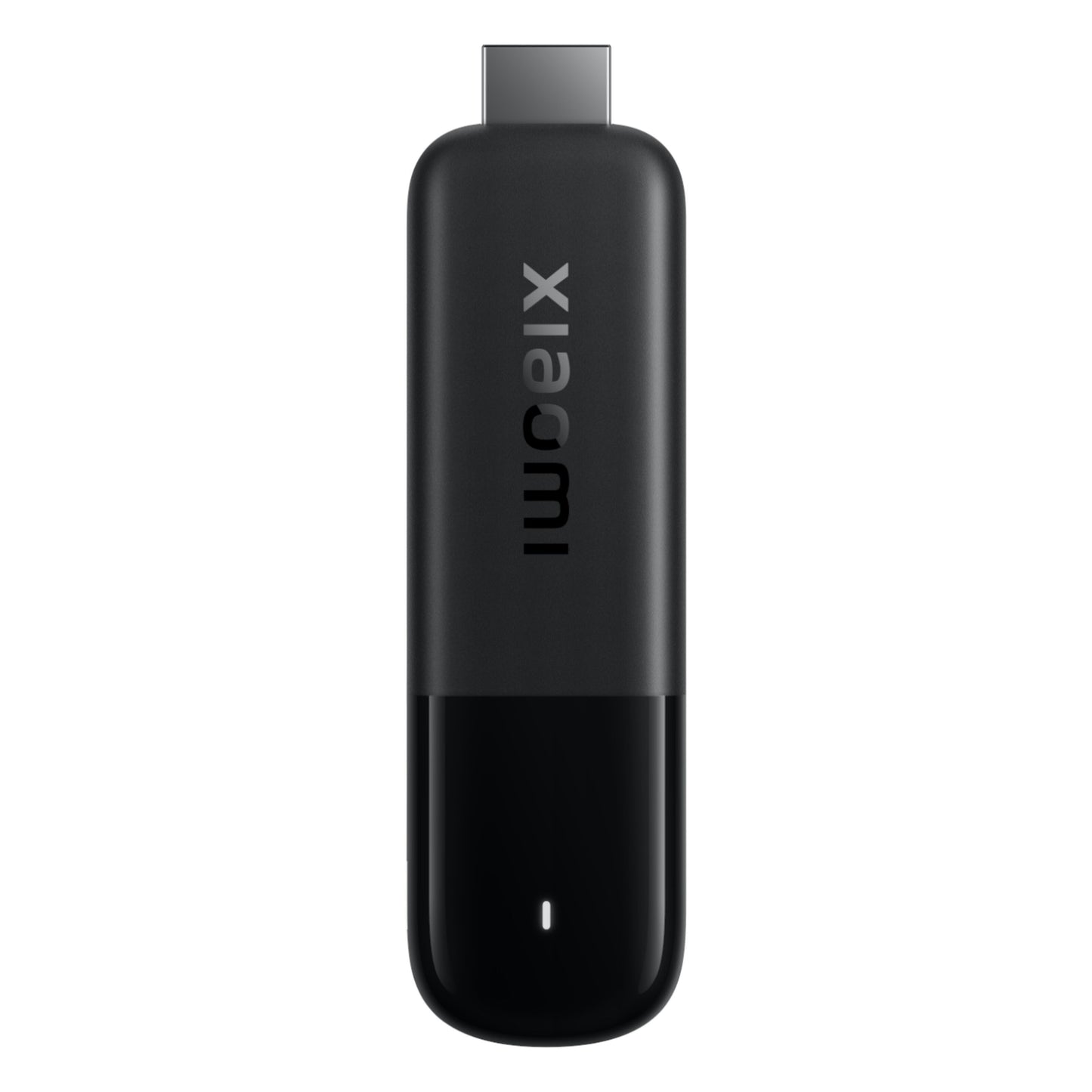 Xiaomi TV Stick 4K 2. gen sort, Dolby Vision, indikatorlys nederst, HDMI-stik øverst, lodret Xiaomi-logo.