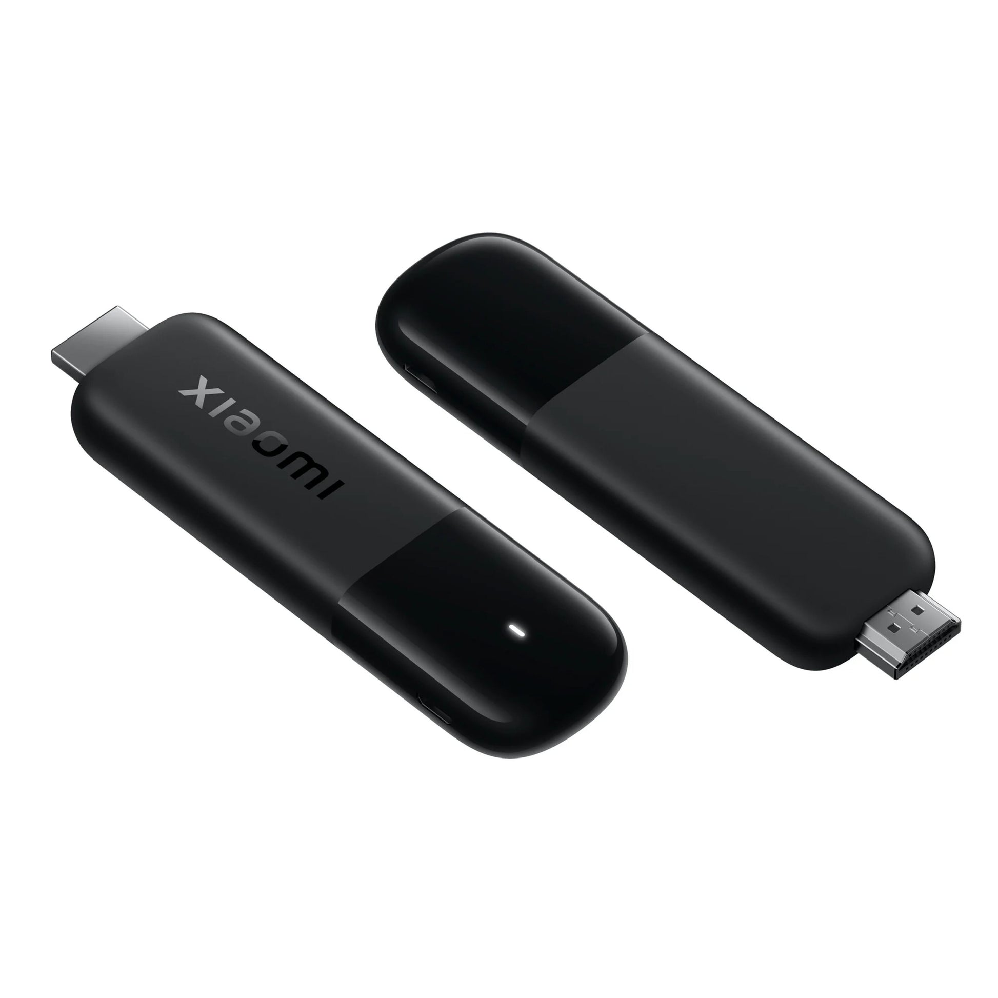 Xiaomi TV Stick 4K (2. gen.), sort, én med USB-C og én med HDMI, Dolby Vision logo synligt.