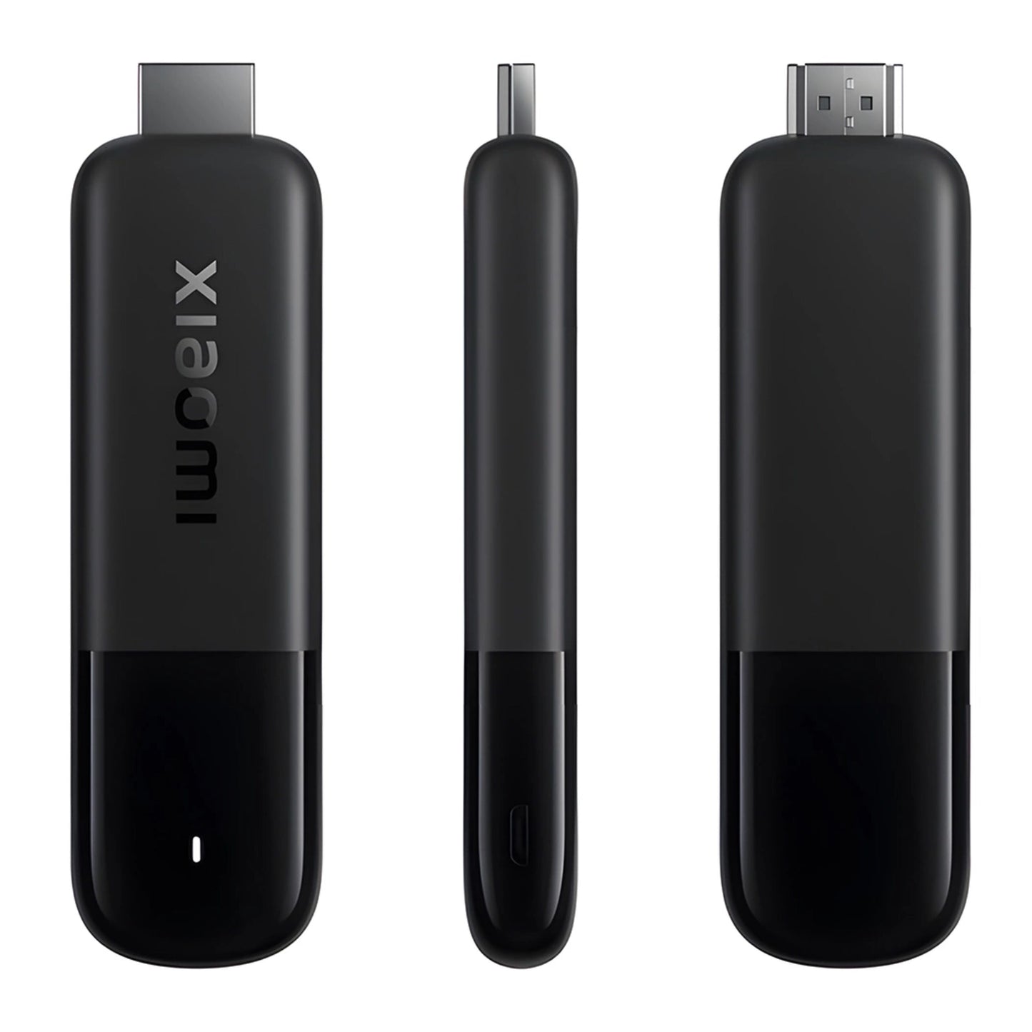 Xiaomi TV Stick 4K 2. gen sort med Google TV vist fra front, side og taske.