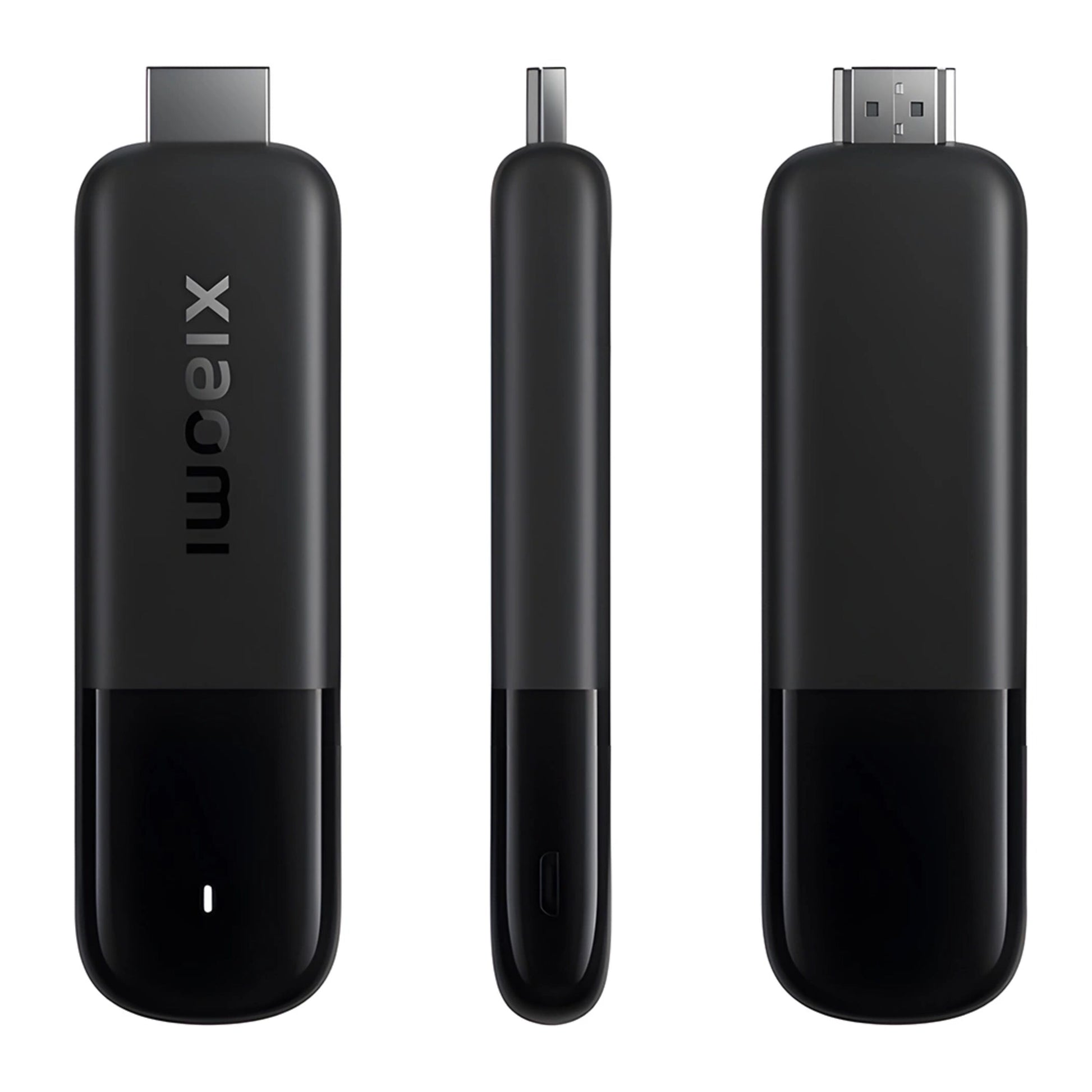 Xiaomi TV Stick 4K 2. gen sort med Google TV vist fra front, side og taske.