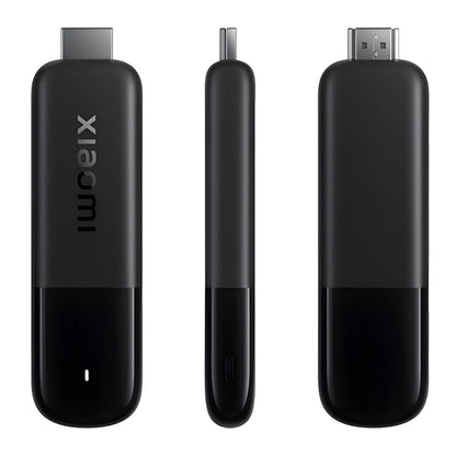 Xiaomi TV Stick 4K 2. gen sort med Google TV vist fra front, side og taske.