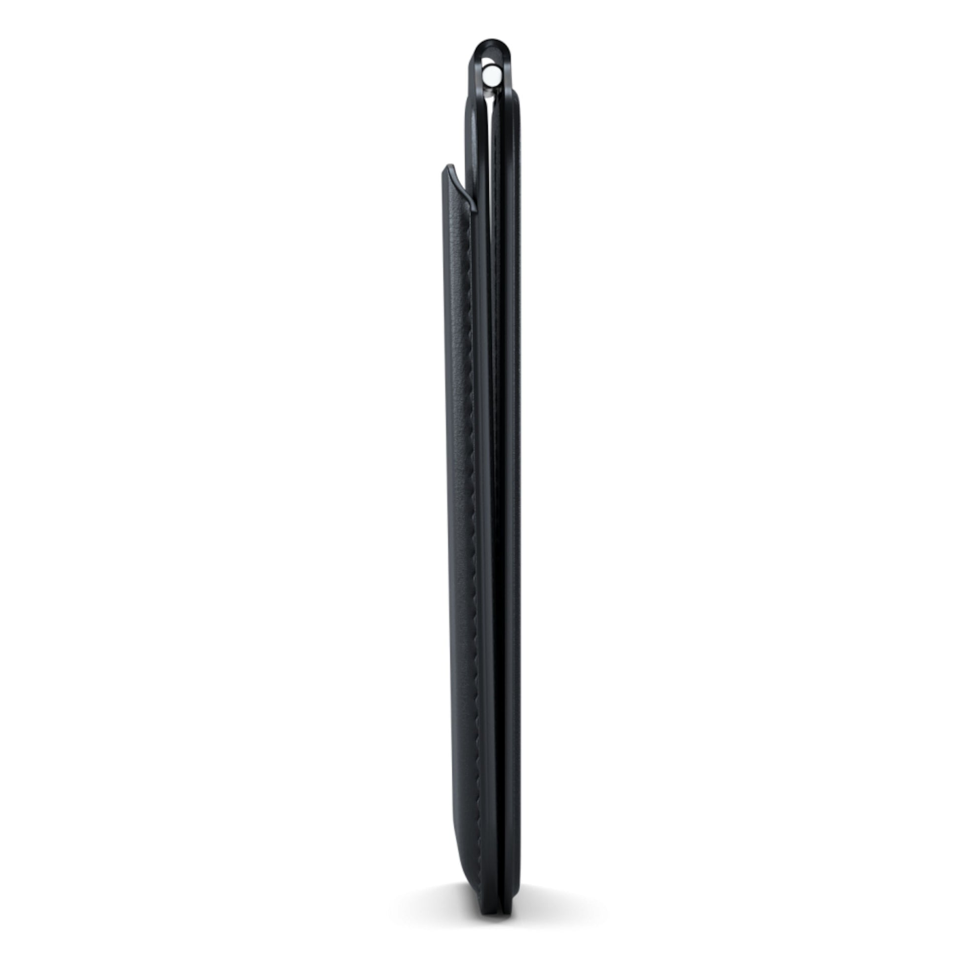 Satechi magnetisk kortholder med støttefunktion, sort vegansk læder, sideprofil med synlig slankhed og syninger til iPhone 12.