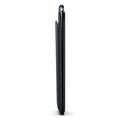 Satechi magnetisk kortholder med støttefunktion, sort vegansk læder, sideprofil med synlig slankhed og syninger til iPhone 12.