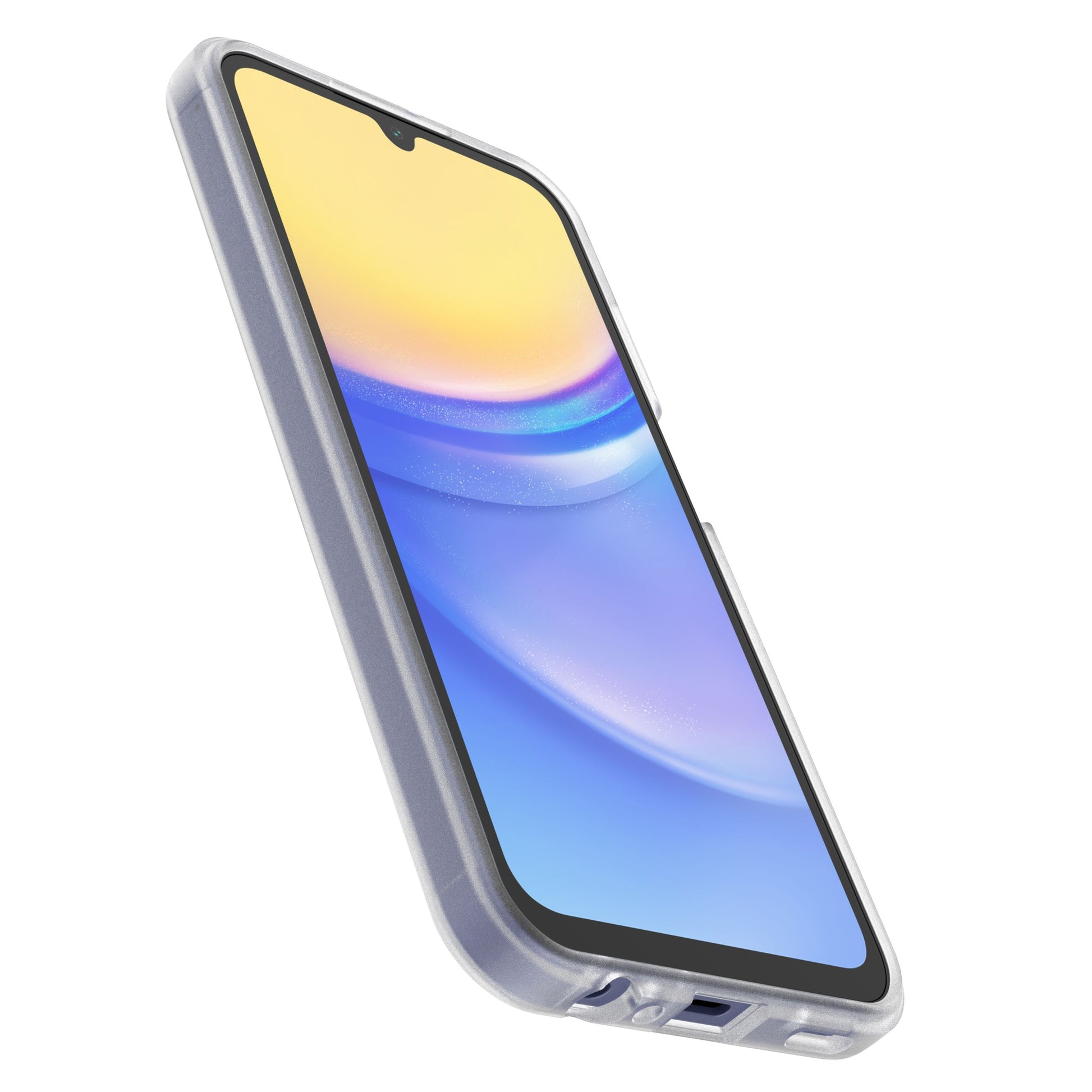 Samsung Galaxy A15 med blå-gul skærm i gennemsigtigt Otterbox Reager cover til Galaxy A15 og A15 5G, vist fra vinkel.