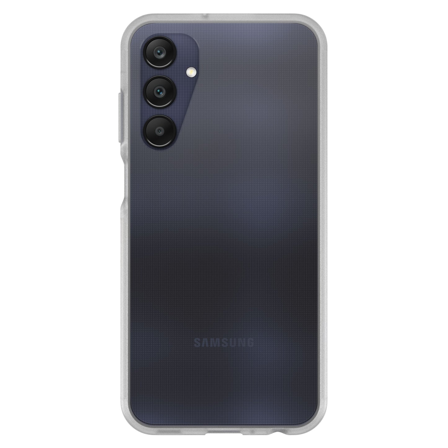 Galaxy A25 5G med gennemsigtigt Reager-etui, tre vertikale bagkameraer og Samsung-logo på mørk reflekterende bagside.