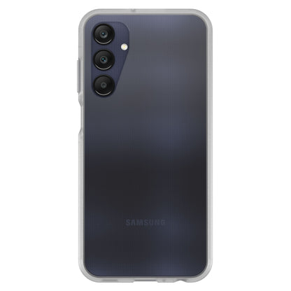 Galaxy A25 5G med gennemsigtigt Reager-etui, tre vertikale bagkameraer og Samsung-logo på mørk reflekterende bagside.