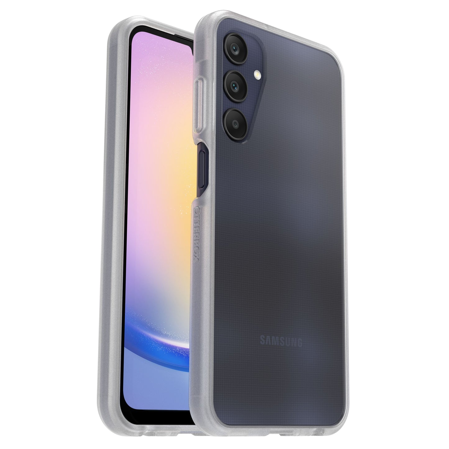 Otterbox React etui til Galaxy A25 5G gennemsigtig, sæt for- og bagside, pastelgradering på skærmen.