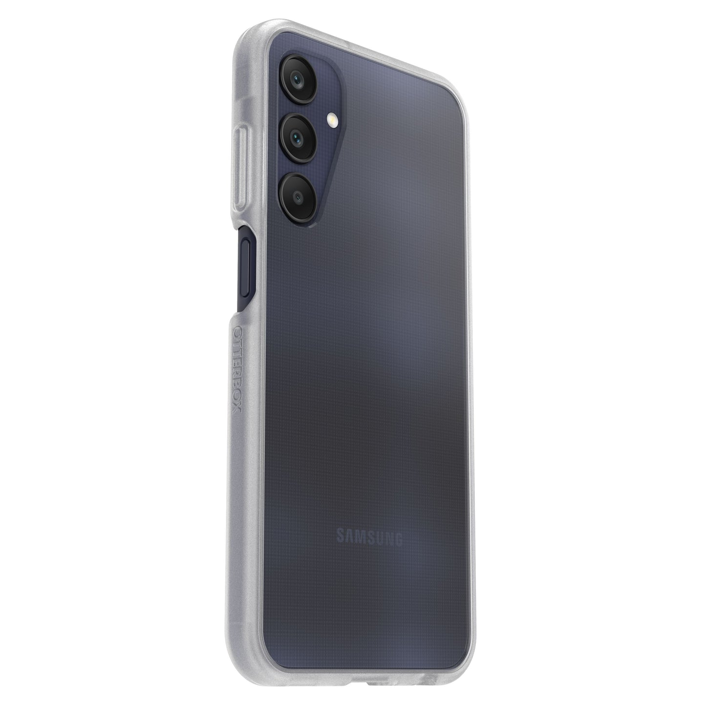 Otterbox React etui til Galaxy A25 5G gennemsigtig med tre lodrette bagkameraer og Samsung-logo nederst.