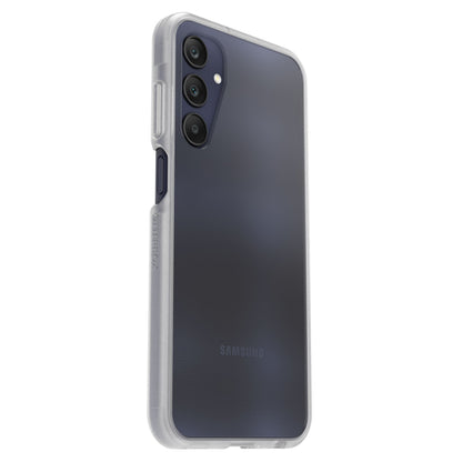 Otterbox React etui til Galaxy A25 5G gennemsigtig med tre lodrette bagkameraer og Samsung-logo nederst.