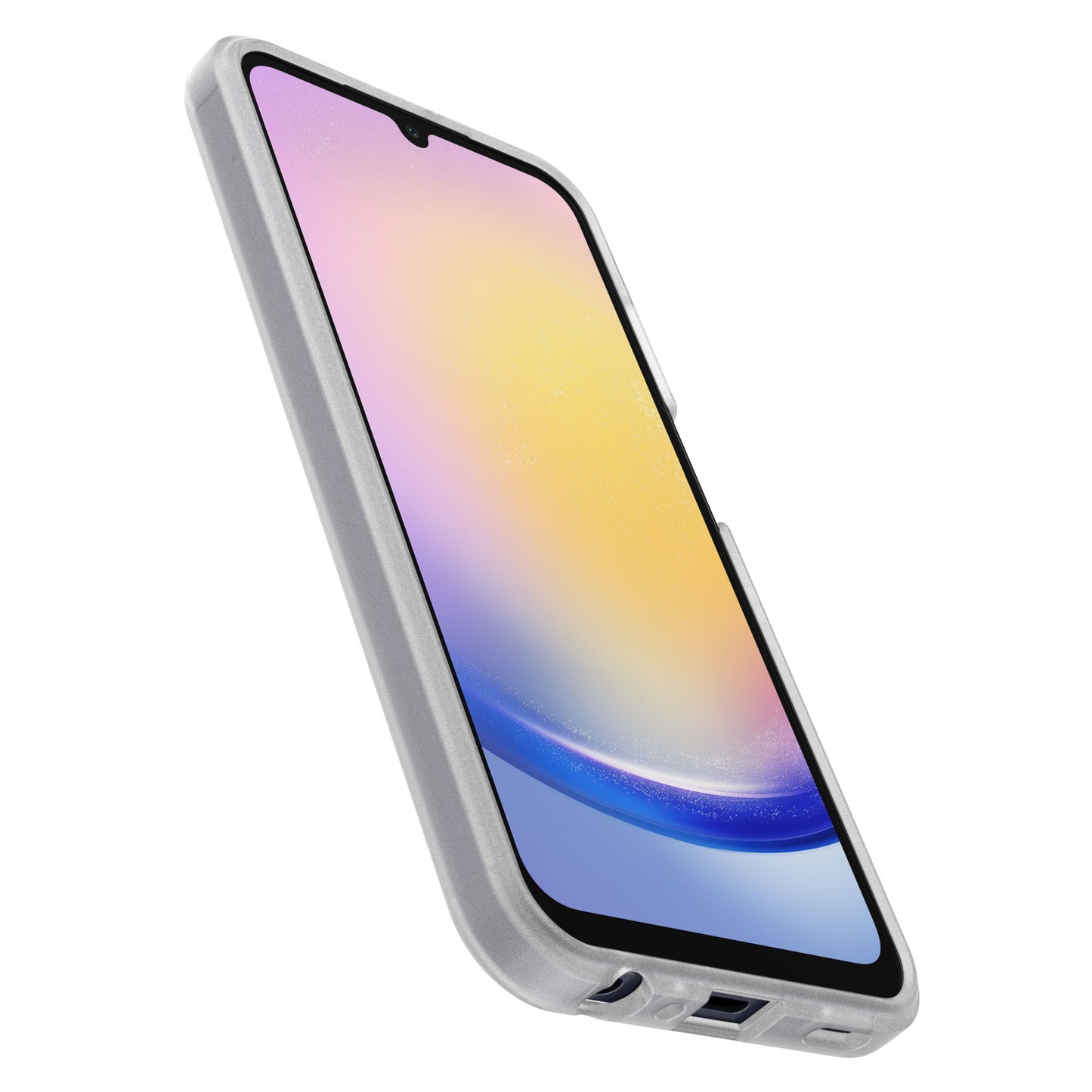 Samsung Galaxy A25 5G set fra siden med pastelgradient skærm i gennemsigtig Otterbox Reager etui.