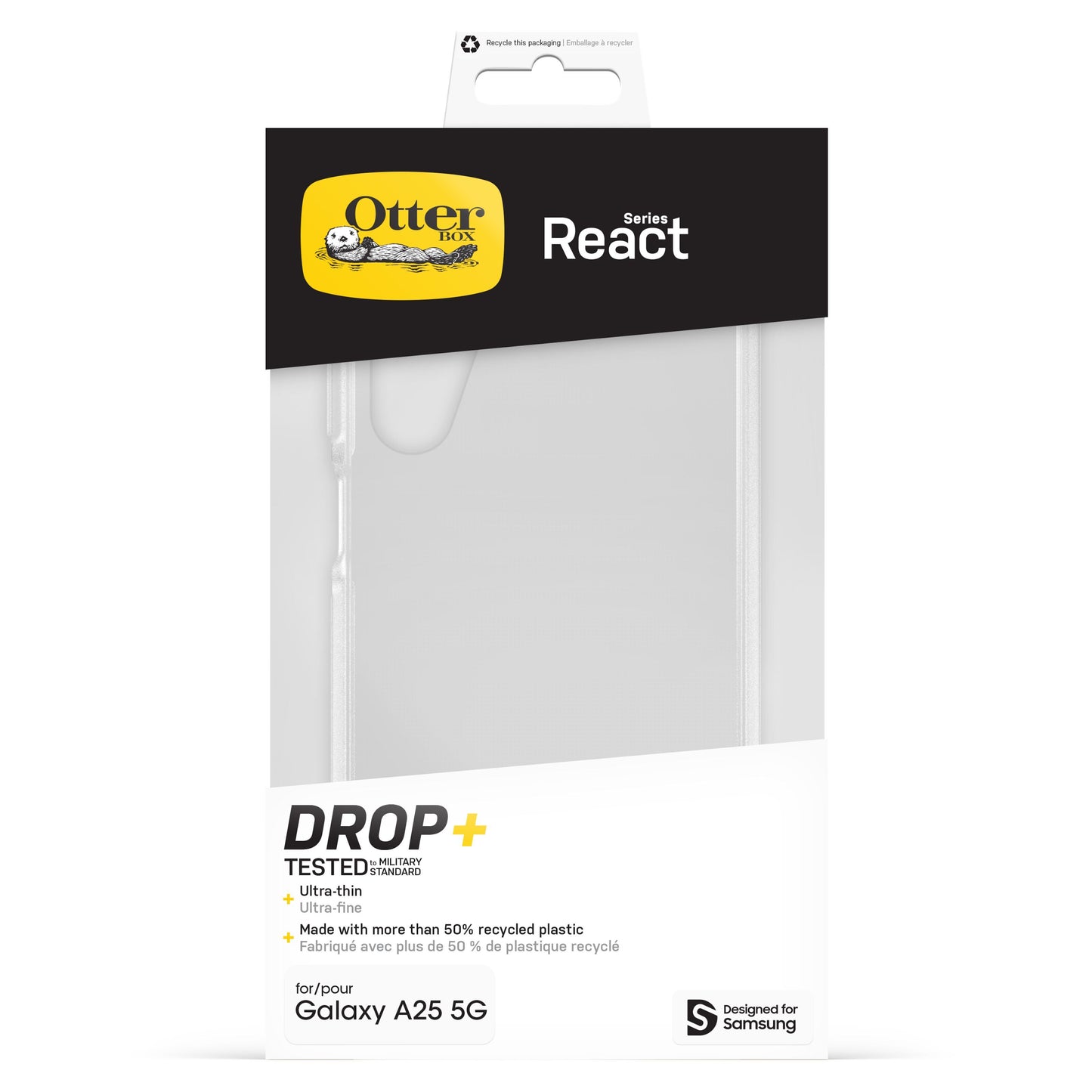 Otterbox Reager gennemsigtigt etui til Galaxy A25 5G i hvid æske med gule/sorte detaljer, DROP+, ultra-tynd, 50 genanvendt plast.