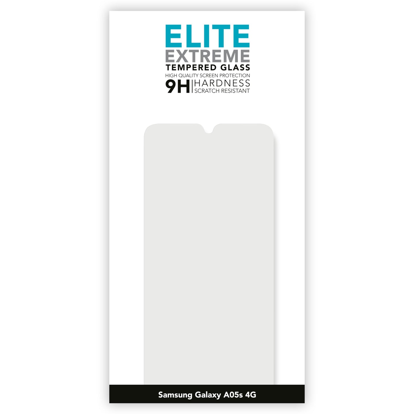 Elite Extreme skærmbeskyttelse til Samsung A05s, 9H hærdet glas, ridsefast, emballage viser skærmbeskyttelse outline.