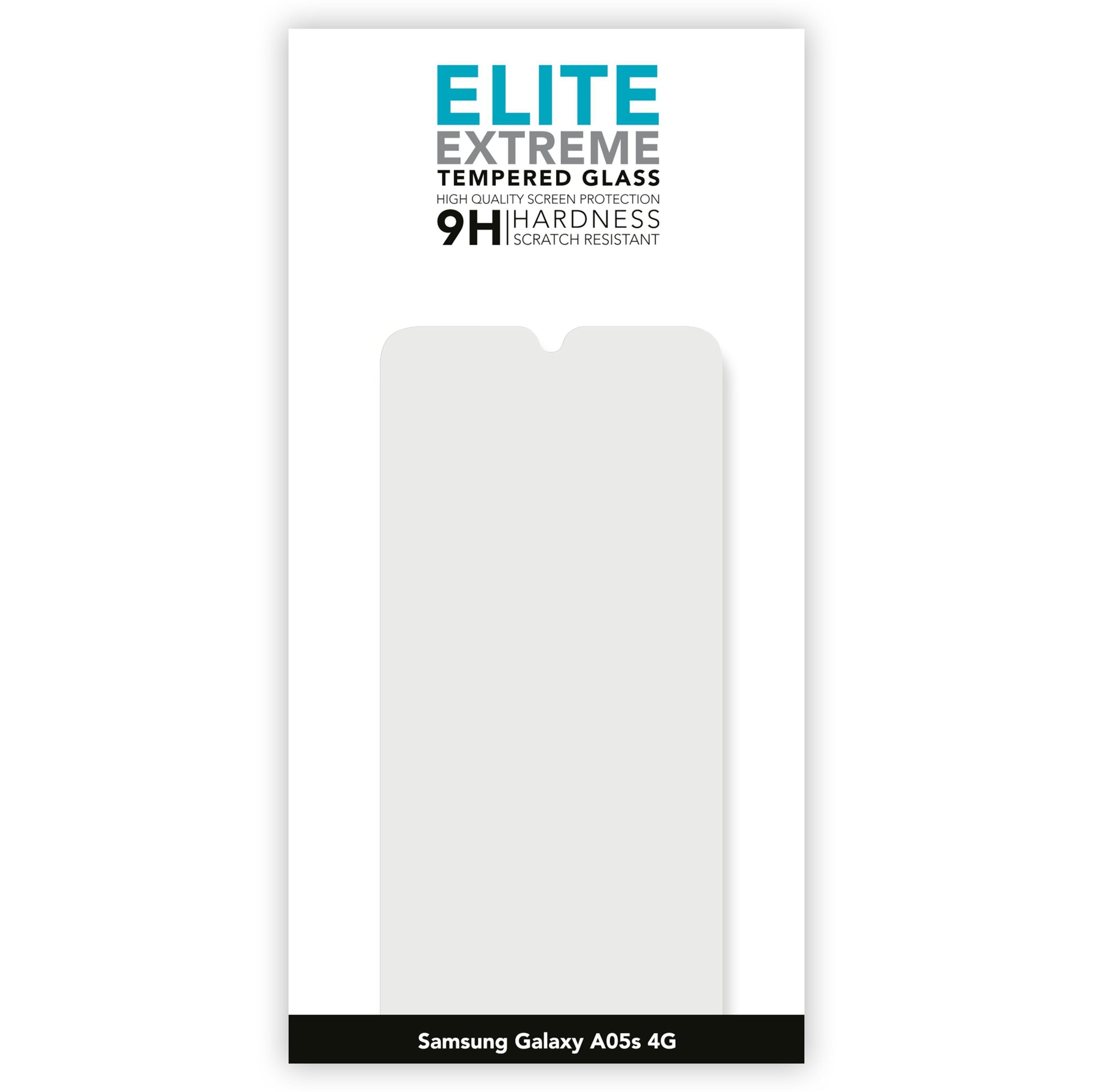 Elite Extreme skærmbeskyttelse til Samsung A05s, 9H hærdet glas, ridsefast, emballage viser skærmbeskyttelse outline.