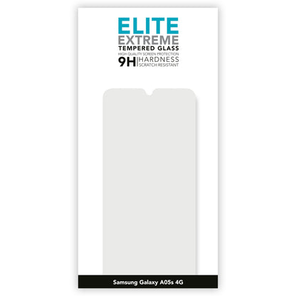 Elite Extreme skærmbeskyttelse til Samsung A05s, 9H hærdet glas, ridsefast, emballage viser skærmbeskyttelse outline.