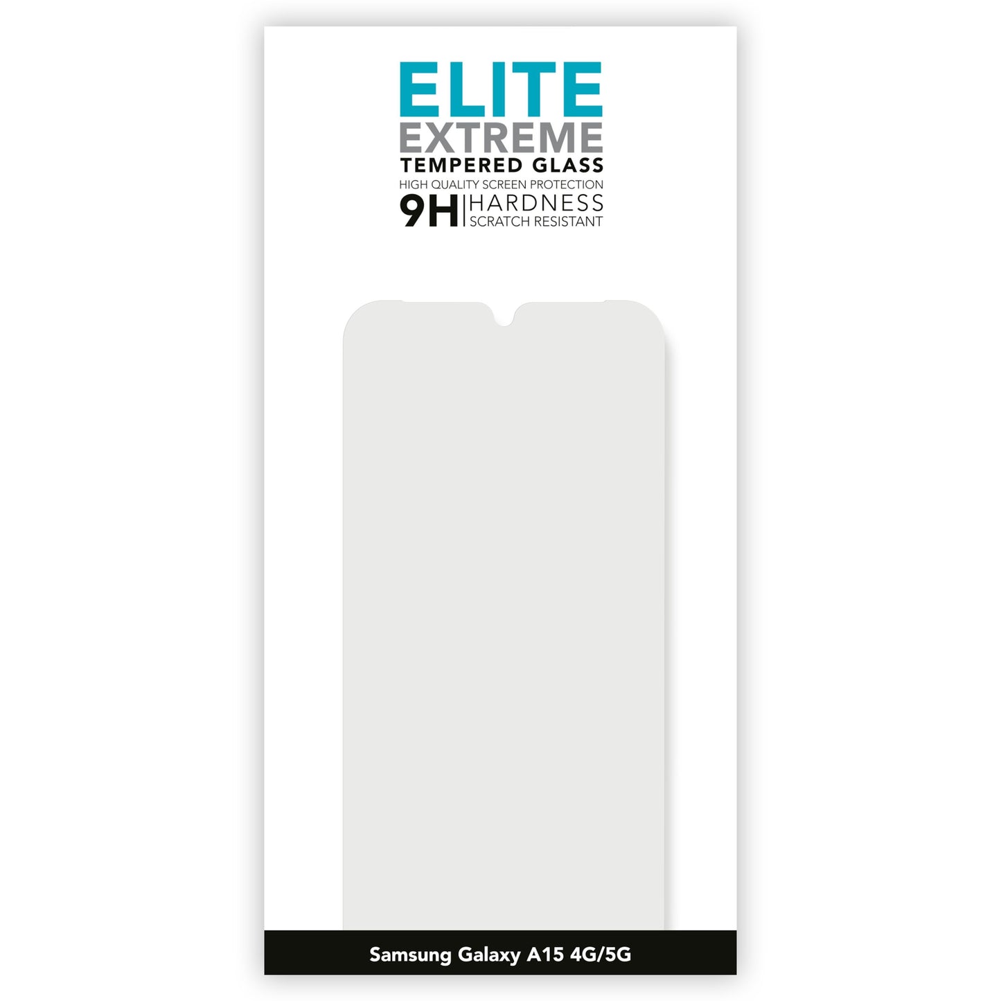 Elite Extreme skærmbeskyttelse til Samsung A15 4G/5G 9H hærdet glas slankt design skærmbeskytter-silhuet på æske.